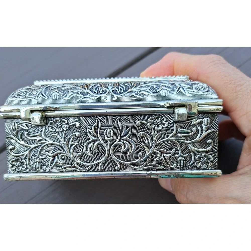 VTG Silver Plated Trinket Jewelry Box Present For Mother Blue Velvet Inner